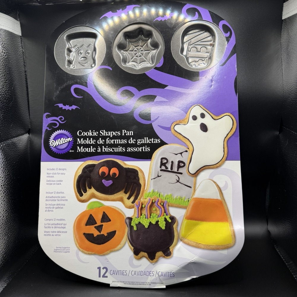 Wilton Halloween 12 Cookie Shapes Non Stick Pan Spider Ghost Candy Corn Pumpkin